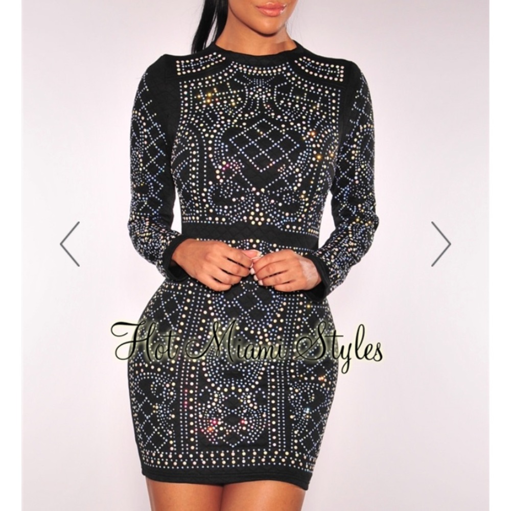 Black rhinestone long sleeve NYE dress